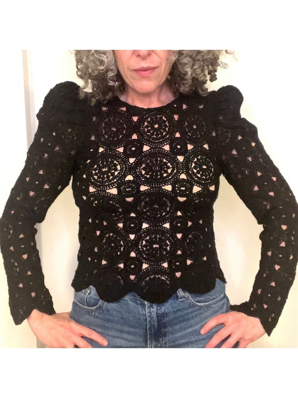 Black Lace Crochet Puff Sleeve Lace Top Goth Glam Romantic Boho Blouse XS-S